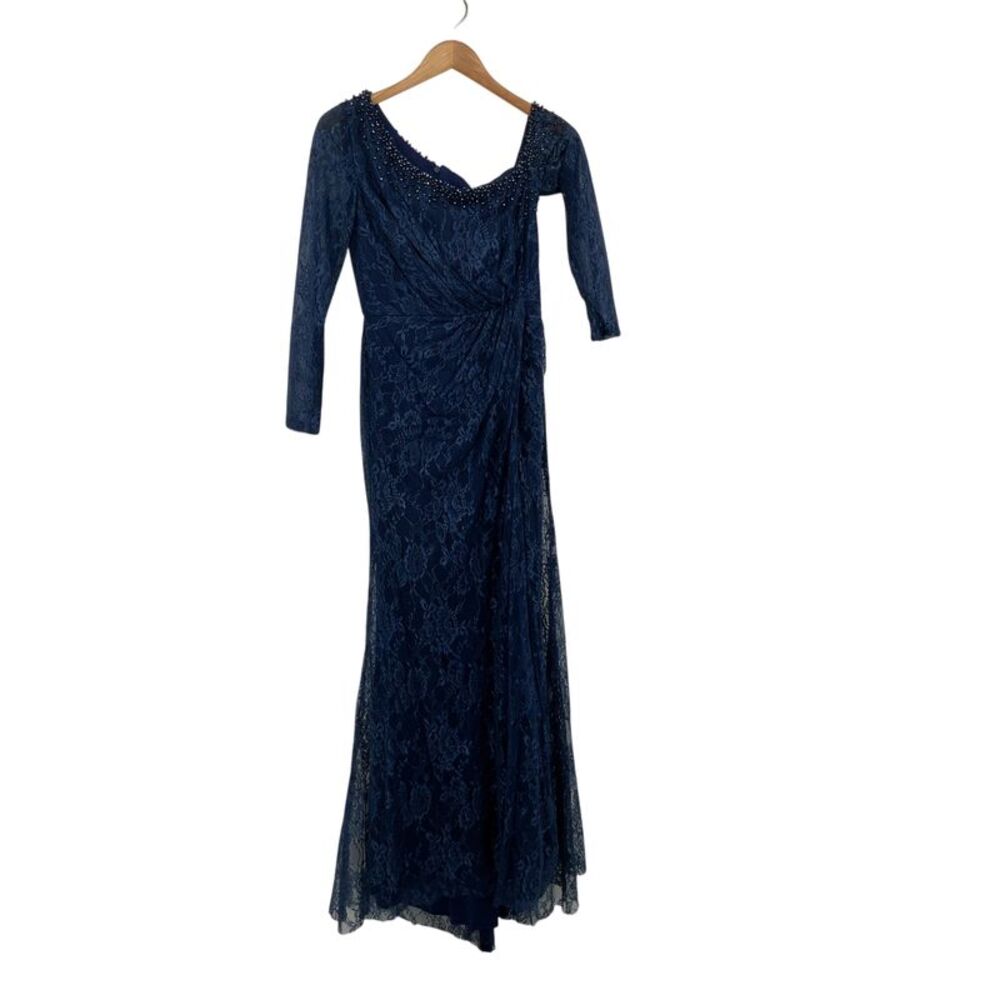 Mac Duggal Plunge-neck Puff-sleeve Cutout Gown Blue 6